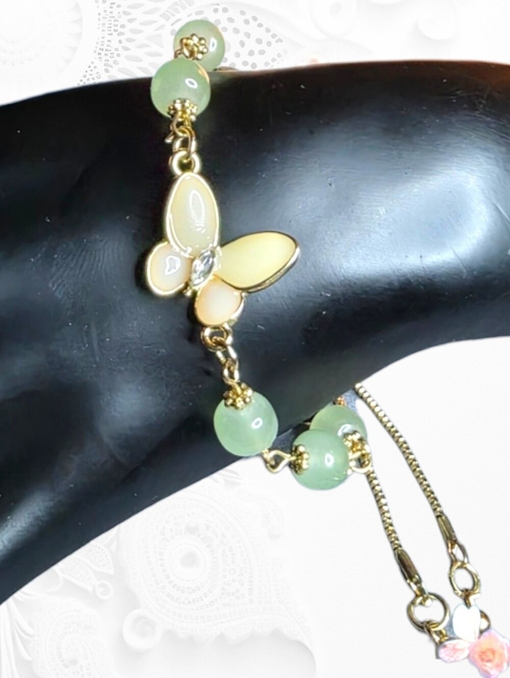 Adjustable Gold Tone Butterfly Bracelet Green Bead Cream Rhinestone